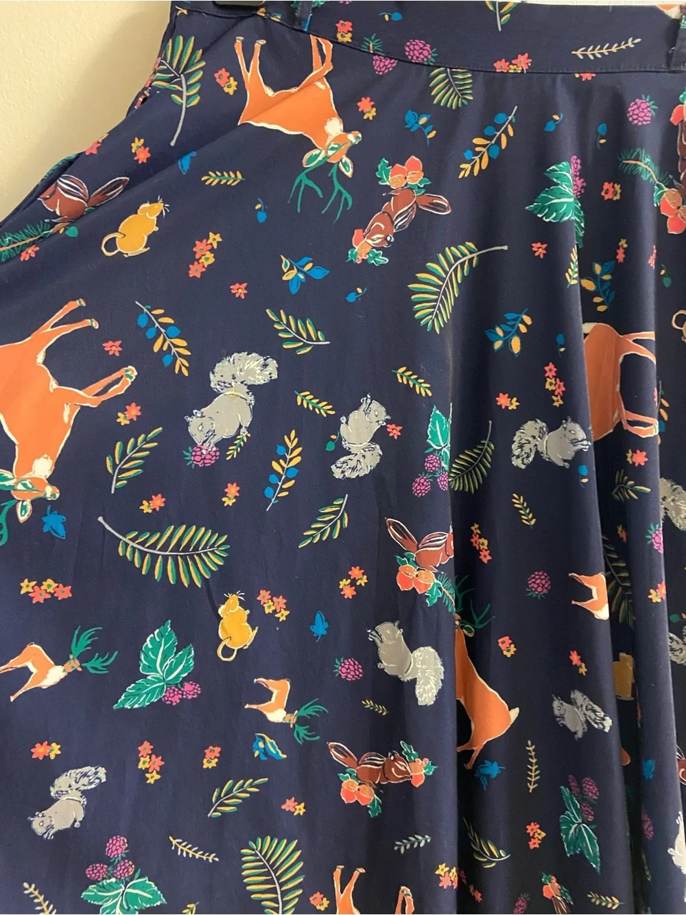 ModCloth Navy Blue Forrest Deer Animal Print A-Line Midi Skirt Medium